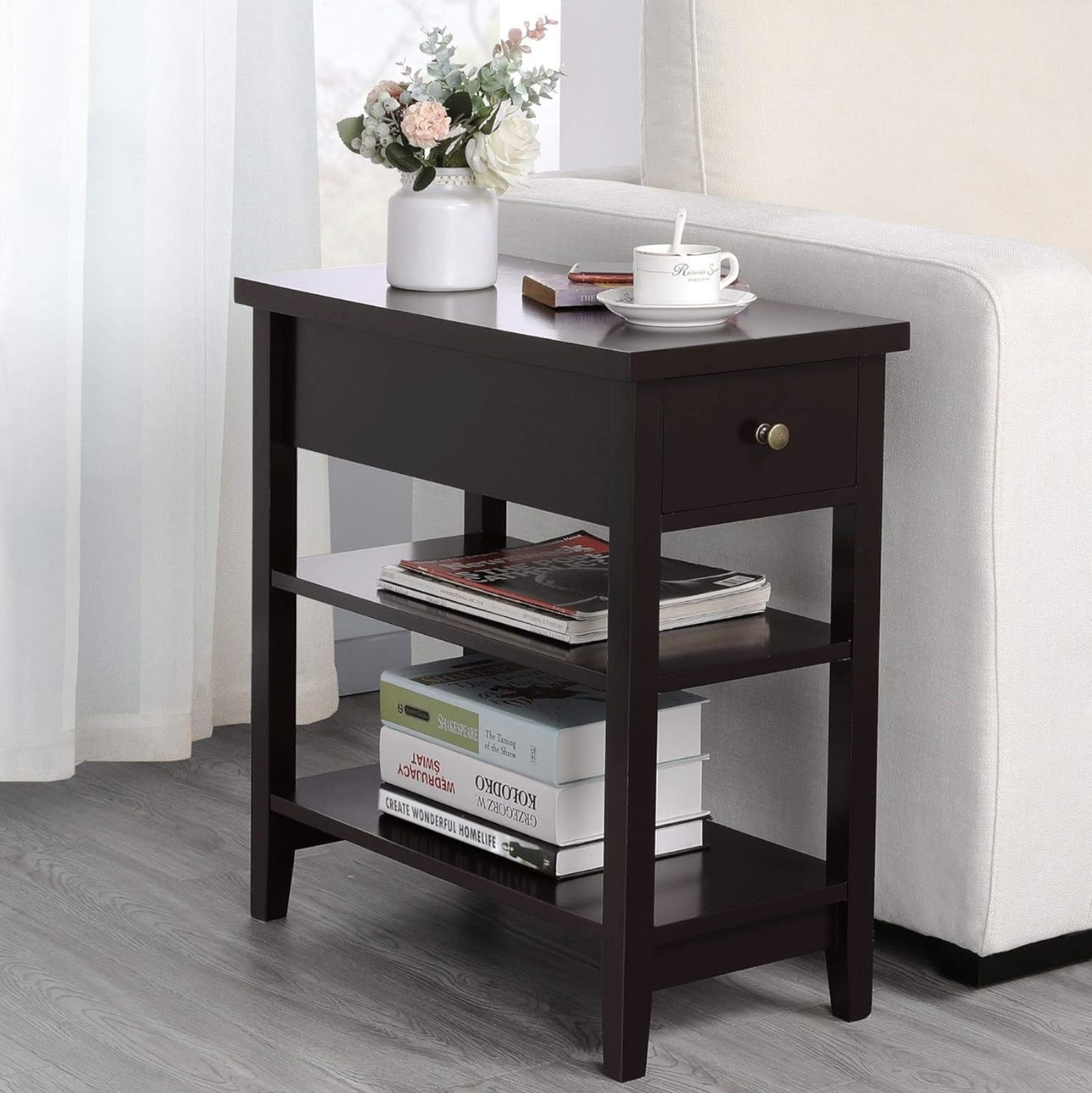 End Table Nightstand w/Drawer and Double Shelves, Bedside Table Coffee Table for Living Room Bedroom