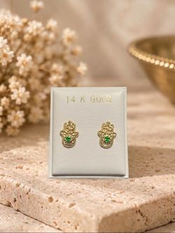 14K Gold Hamsa Stud Earrings with Green Stone