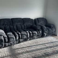 Blue-Gray Reclining Sofa, Recliner & Area Rug – Excellent Condition