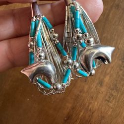 Vintage 925 Sterling Silver Native Am. Natural turquoise beaded earrings w/ sterling bears, 17 grams , marked Sterling w/sunrise, 10 strands