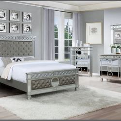 SILVER BEDROOM 4pc SET WITH GREY/BLACK PU BED – DRESSER, MIRROR, NIGHTSTAND & BEDFRAME 