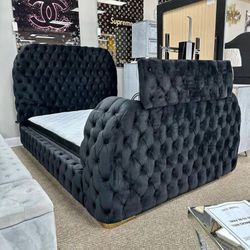 QUEEN SIZE BED, WITH TV STAND, UPHOLSTERED IN VELVET SPECIAL OFFER 