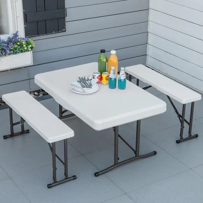 SET OF 3 3-Piece set Plastic Portable Folding Beer Picnic Table & two Benches Seats foldable Carrying Handle Heavy Duty White Party RV Patio Dining Ev