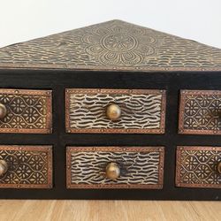 Vintage Jewelry Box Hand Carved LAST WEEK Wood Silver & Gold Metal Boho Global Eclectic
