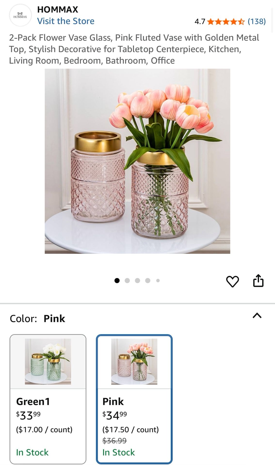 New in box 1 set of two pink flower vases Hommax brand