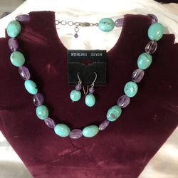 Turquoise and amethyst necklace and earrings set.