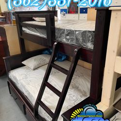 Twin Full Cherry Bunk Bed With Mattresses Trundle Cama Nueva 