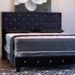 Black Queen Size Diamond Button Tuffed Bed Frame With Mattress /Fast Delivery 