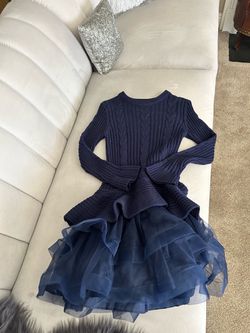 Girls Navy Blue Cable Knit & Tiered Tulle Dress – Size 16