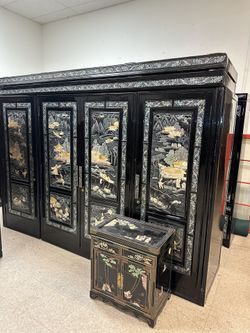 Vintage Asian Oriental Lacquer Furniture Cabinet Sets