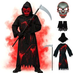 Loyalboom Halloween Costumes For Boys Grim Reaper Costume Kids With Ghostface Inspired Scary Scream Robe With Hood,Mask And Sickle Spooky Outfit For P