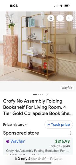 Crofy No Assembly Folding Bookshelf For Living Room, 4 Tier Gold Collapsible Book Shelf