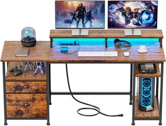Furologee 61" Computer Desk with Power Outlet and LED Lights, Desk with Fabric File Cabinet Drawer, Large Reversible Table with Shelves and Monitor St