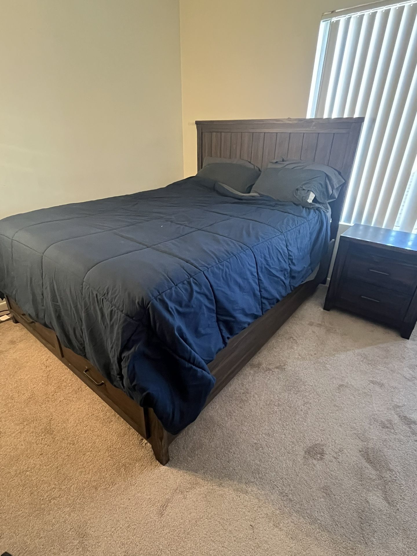 Complete Bedroom Set: Queen Bed Frame, End Table, Dresser With Mirror