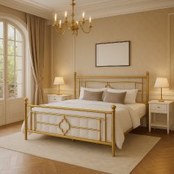  King Bed Metal Platform Bed Frame with Victorian Vintage Headboard and Footboard/Mattress Foundation/Under Bed Storage/No Box Spring Needed/Noise-Fr