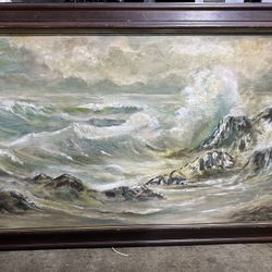 Oil Painting Ocean Waves By Cliffs Size 53.6 Inches By 29.6 (with A Frame)