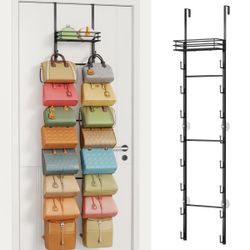 HapiRm Over The Door Purse Organizer - Wall Mounted Purse Rack with 16 Hooks and Metal Basket, Hanging Handbag Organizer Holds up to 16 Bags, Bag Rack