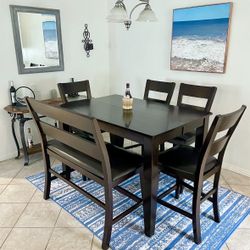 Gorgeous Extendable Hardwood Counter Height Dining Room Set With 4 Cushioned Chairs And Bench 