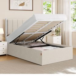 VASAGLE Lift Up Storage Bed Frame Twin Size, Hydraulic Platform Bed, with Upholstered Headboard, 550 lb Weight Capacity, No Box Spring Needed, Easy As