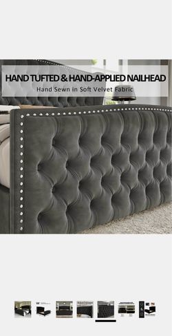 California King Velvet Tufted Nailhead Bed Frame