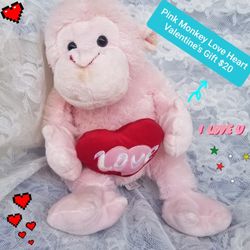Pink Monkey With Love Heart Valentine's Gift Plush Cute Stuffed Animal 