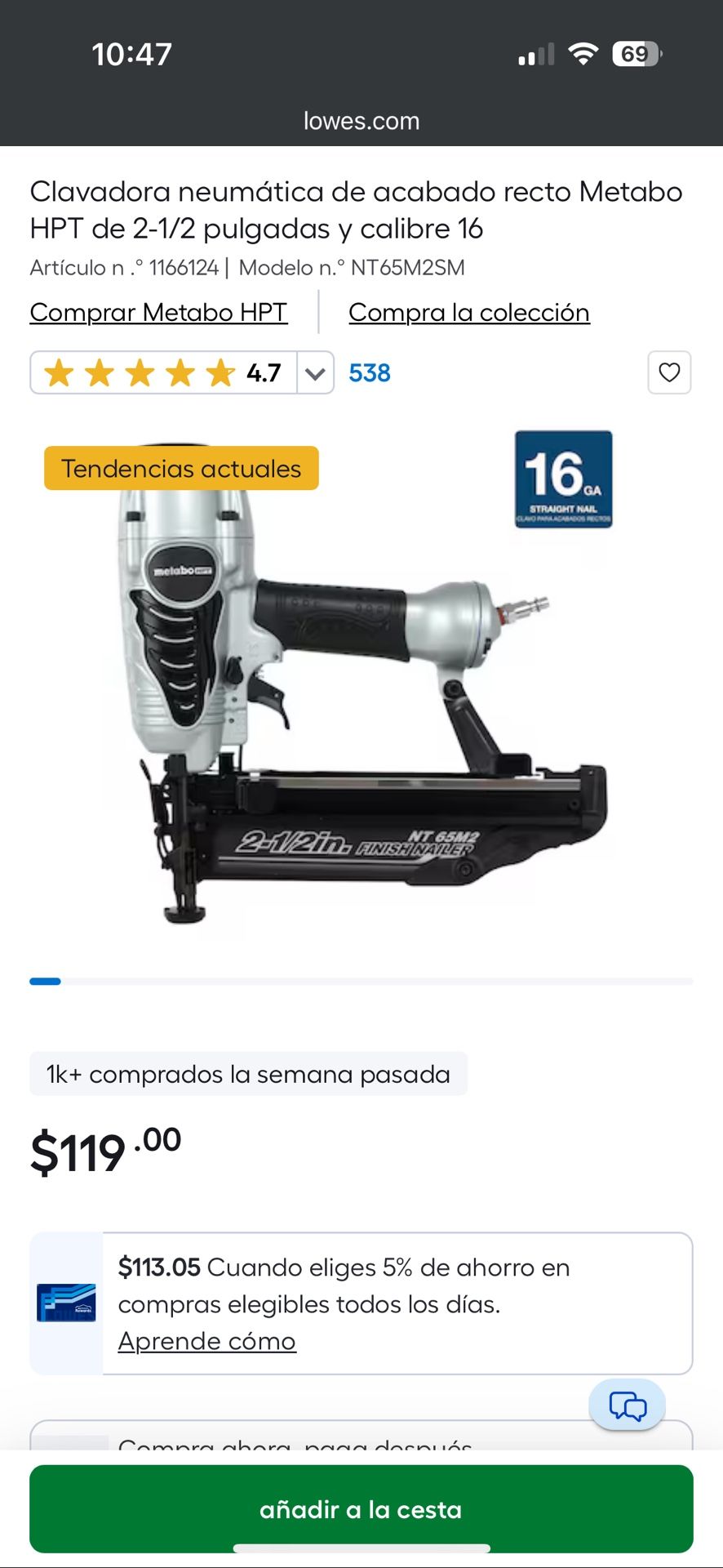 Finish Air Nailer Calibre 16