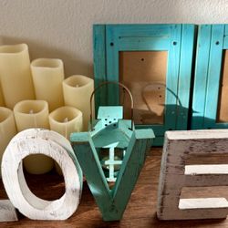 Beautiful Home Decor - 9 Ivory Flameless Candles, LOVE aqua blue white gray Sign, 2 Picture Frames, Tealight Candle Lantern ~ cute lot of decorations