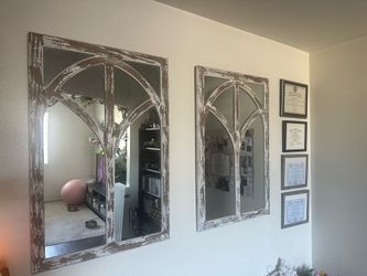 Pair of Distressed Arched Window Pane Wall Mirrors