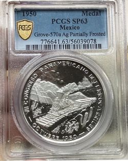 1950 Mexico Silver Medal “7th Railroad Congress” PCGS  SP63  Grove-570a