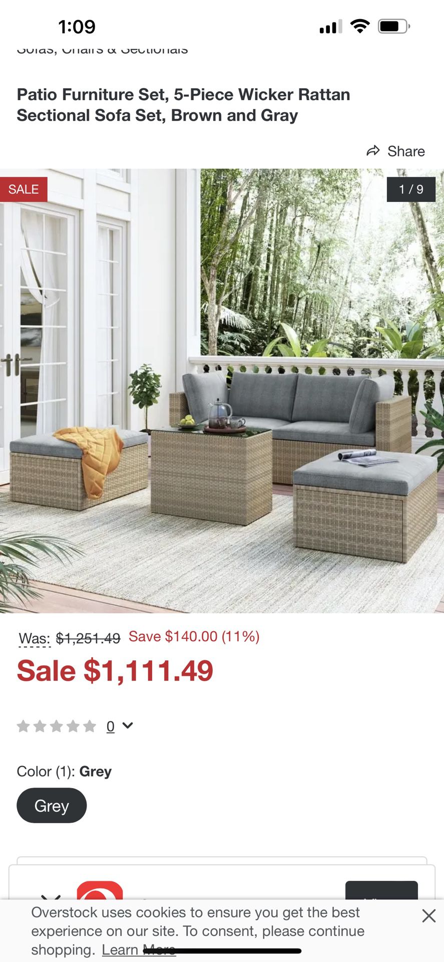 Patio Furniture Set, 5-Piece Wicker Rattan Sectional Sofa Set, Brown and Gray