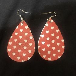 NEW Red and White Hearts Faux Leather Tear Drop-Shaped Dangle Earrings 