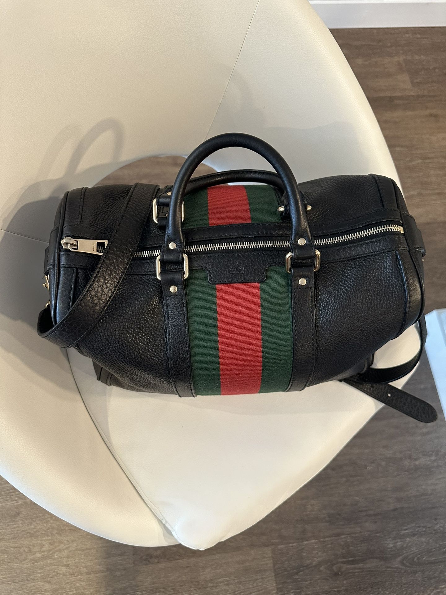Gucci Purse Black Grain Leather Vintage Web Boston Authentic Doctor medium Bag