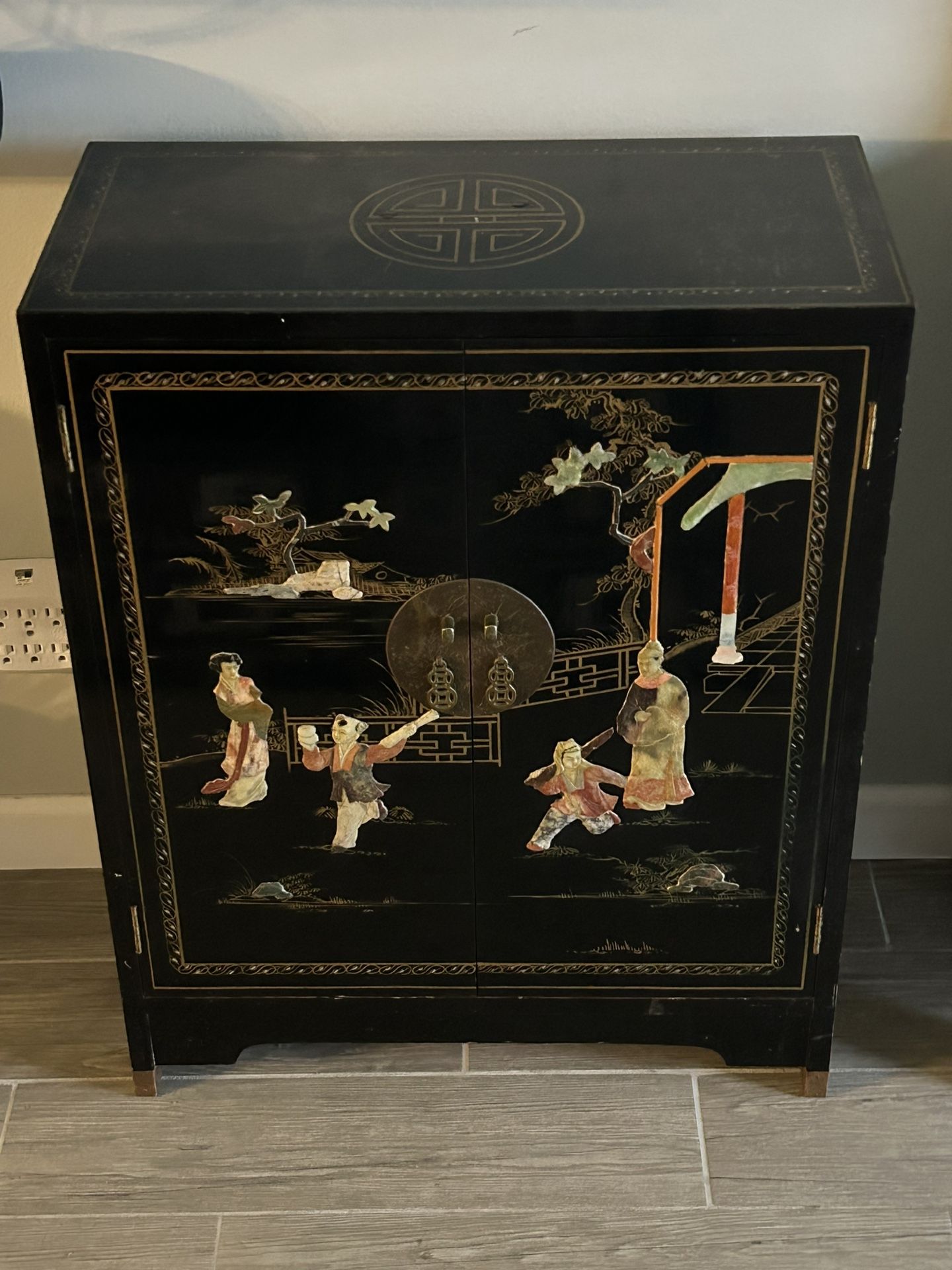 Vintage Mid 20th Century Chinoiserie Black Lacquer Nightstand or End Table