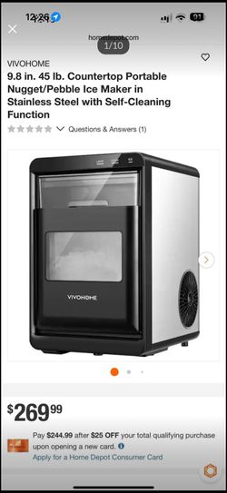 VIVOHOME 9.8 in. 45 lb. Countertop Portable Nugget/Pebble Ice Maker in Stainless Steel with Self-Cleaning Function