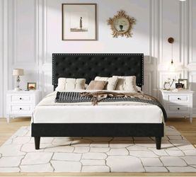 Black Queen Size Velvet Platform Bed Frame with Adjustable Headboard