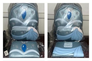 LOUNGEFLY The Princess & The Frog Tiana Blue Gown Glitter Mini Backpack & Wallet SET