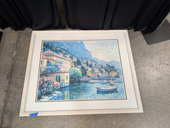 Mediterranean Coastal Village Framed Painting in Wood Frame