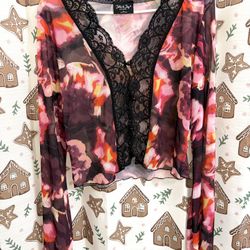 Jolie & Joy XL Floral Mesh Lace Trim Long Sleeve Top