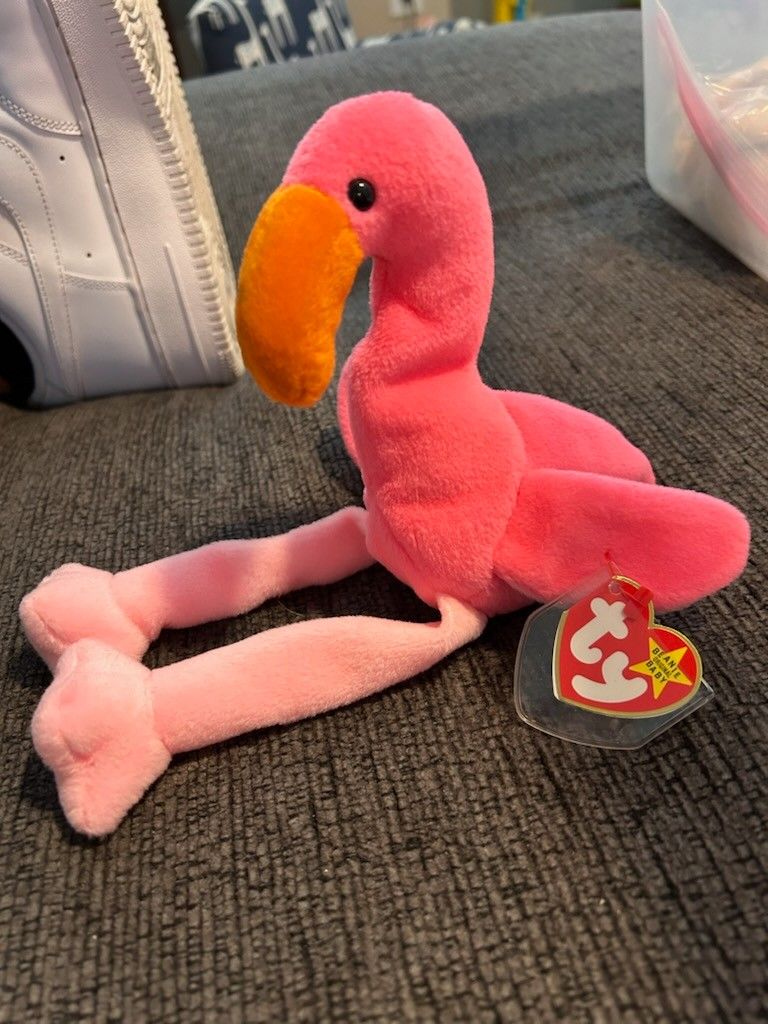 TY *Original with ERRORS* w/Tags Beanie Babies Pinky Flamingo 1995 Retired PVC