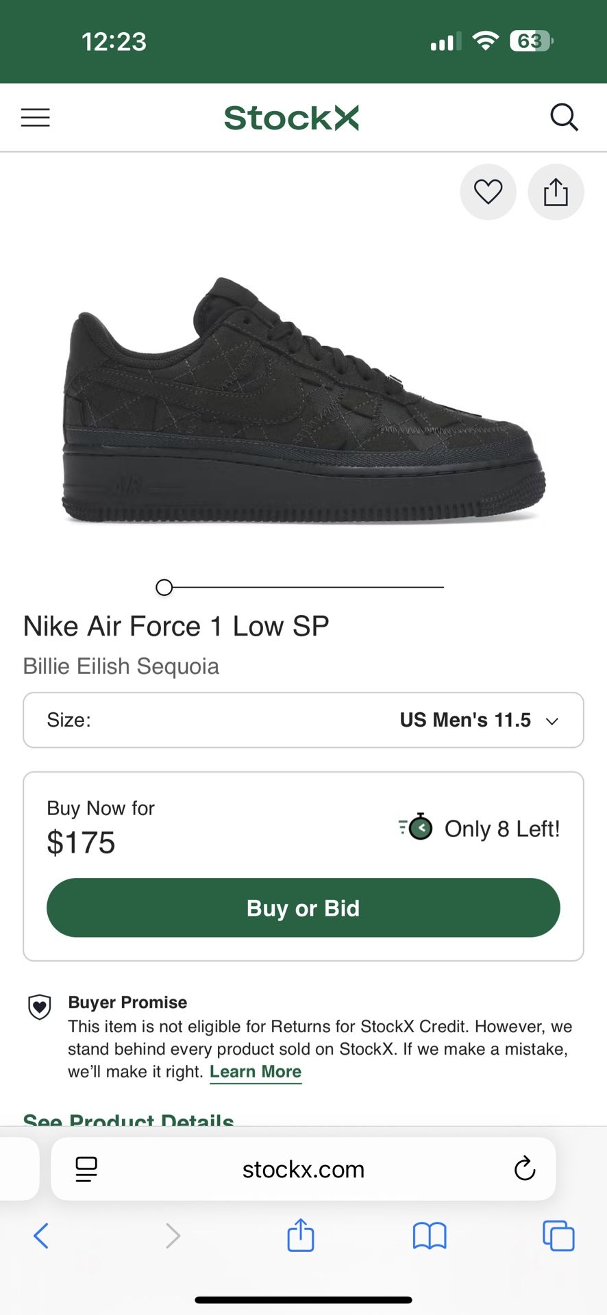 Nike Air Force 1 Low SP (Billie Eilish Sequoia) Size 11.5 Men