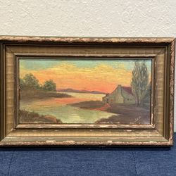 Antique c1920s Rural Sunset River Homestead Scene Monogram-signed M.M.D