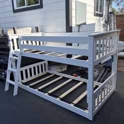 White Wood Twin over Twin Floor Bunk Bed with Ladder