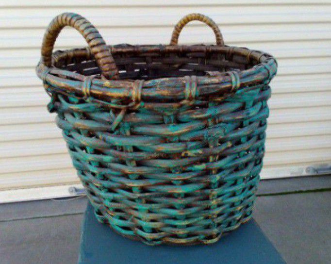 TURQUOISE Basket - Wooden Wood Flower Shabby Chic Pot Garden Laundry Storage Handle Woven Wicker Style? 