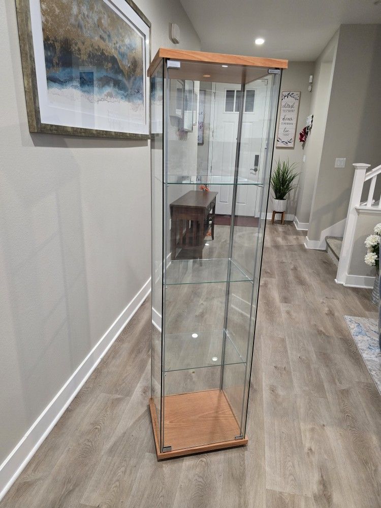 Ikea Detolf glazed/beech coloured glass display cabinet. With qty 3 Glass removable shelves