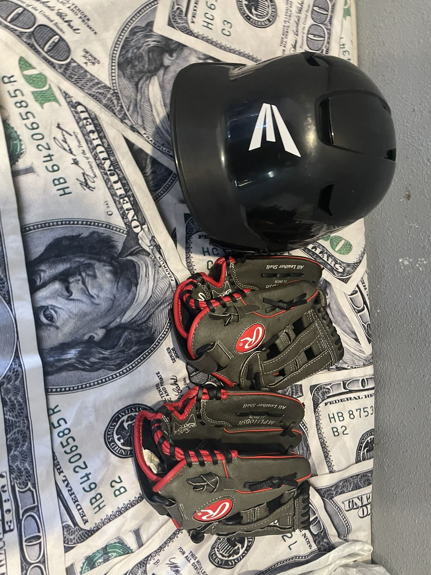 baseball helmet and gloves