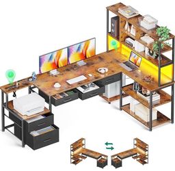 79 inch L Shaped Desk with 5 Drawers, Reversible L Shaped Gaming Desk with LED Light & 2 Power Outlets