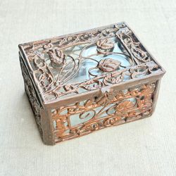 Trinket Jewelry Box - Metal Glass Art Nouveau Style Vintage Ivy Leaf Vine