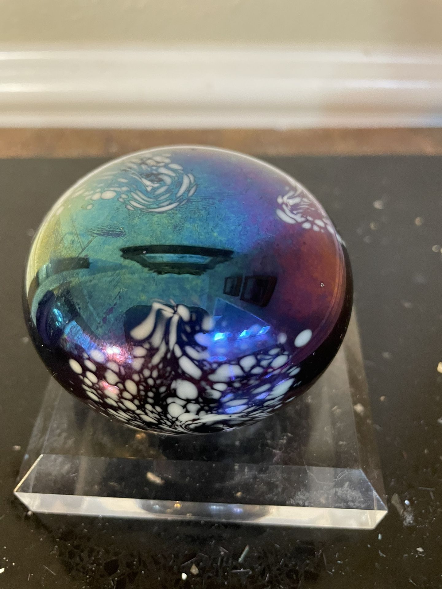 Signed Art Glass Iridescent Glass Paperweight 2.5”