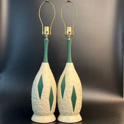 Vtg Turquoise Blue Diamond & Speckled White Lamp Set Ceramic MCM Atomic 25" Pair