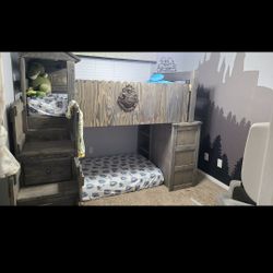 Loft Twin Bunk Bed With Dresser And Bookshelf 